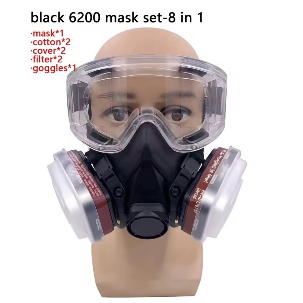 6200 Black Half Face Respirator Mask & Anti-Fog Goggles Set (8-In-1 Kit)